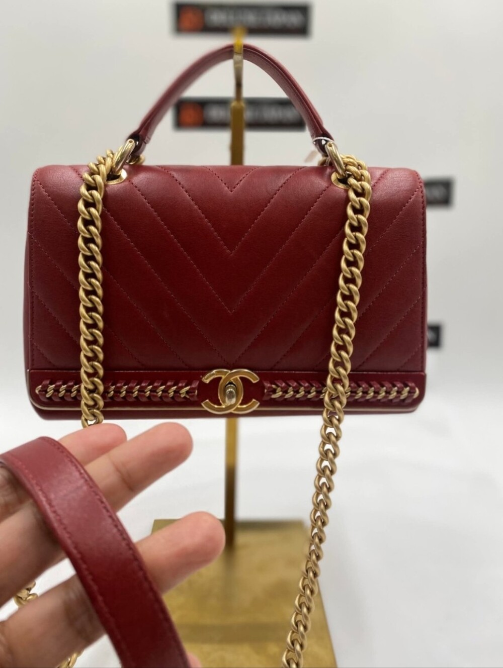 Chanel Chevron Top Handle Flap Bag - Black Calfskin with Gold Hardware